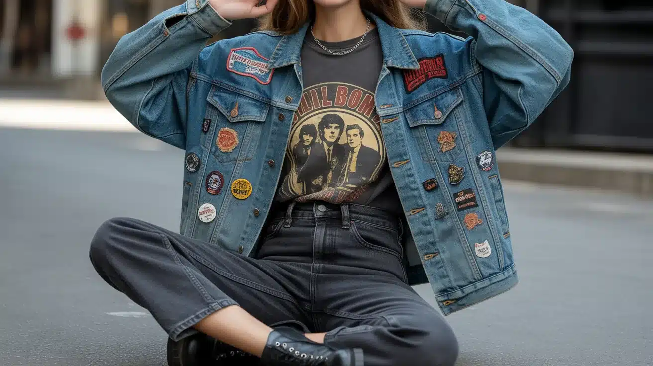 Vintage denim jacket with band tee, high-waisted jeans, and Converse sneakers