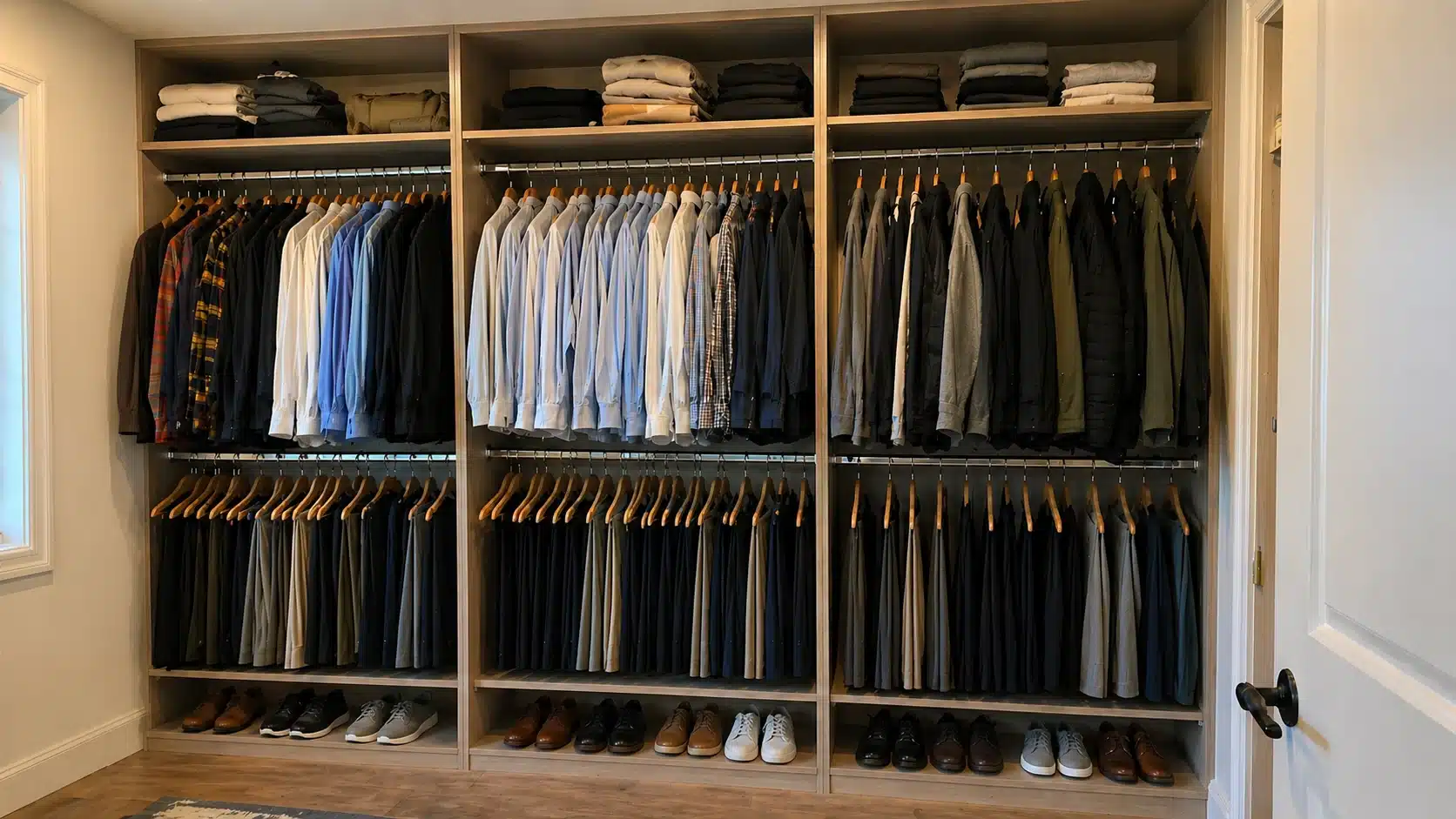 Walk-in closet with light wood shelving, double hanging rods, folded clothes on upper shelves, and shoes arranged below