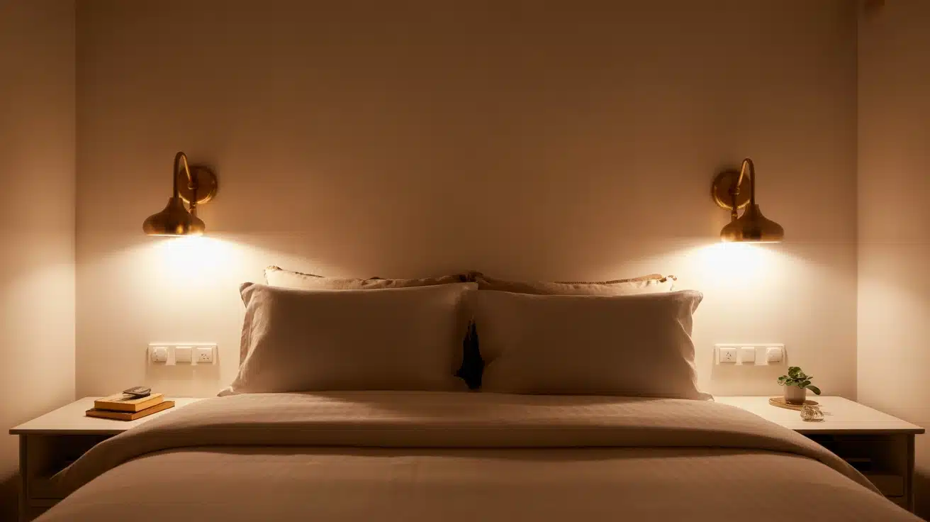 Wall sconces replacing table lamps in a small bedroom