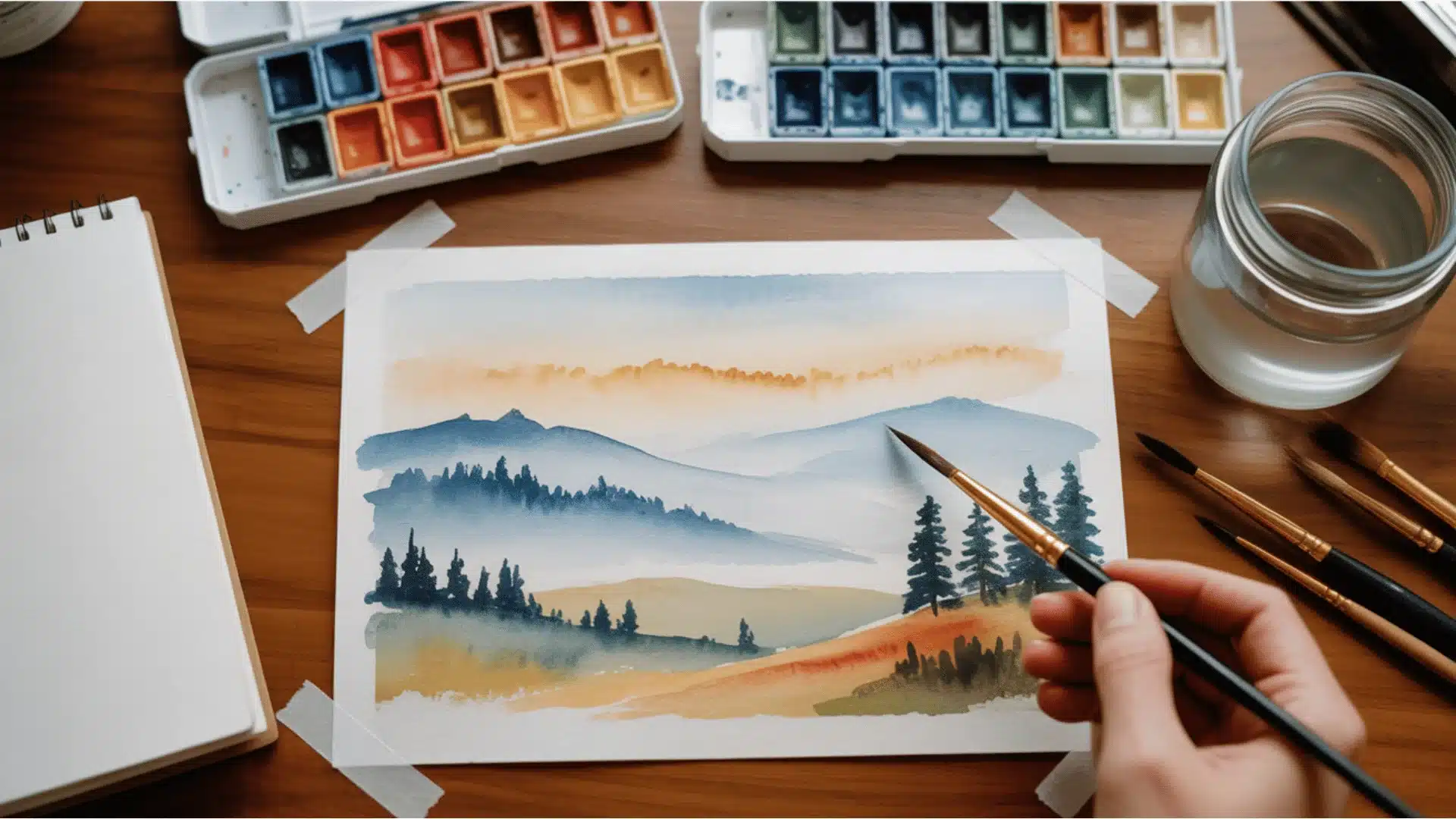 watercolor painting in progress on a wooden desk the painting depicts a misty mountain landscape with rolling hills