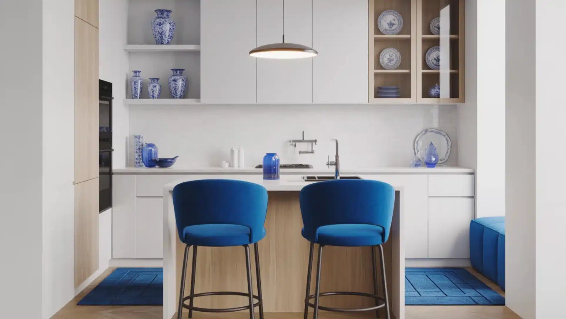 white kitchen with blue accents, island seating, blue bar stools, blue vases, open shelving, and pendant light