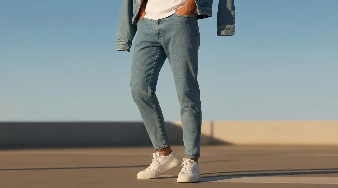 white sneakers with slim light blue jeans in a sunny casual street outfit with clean natural style