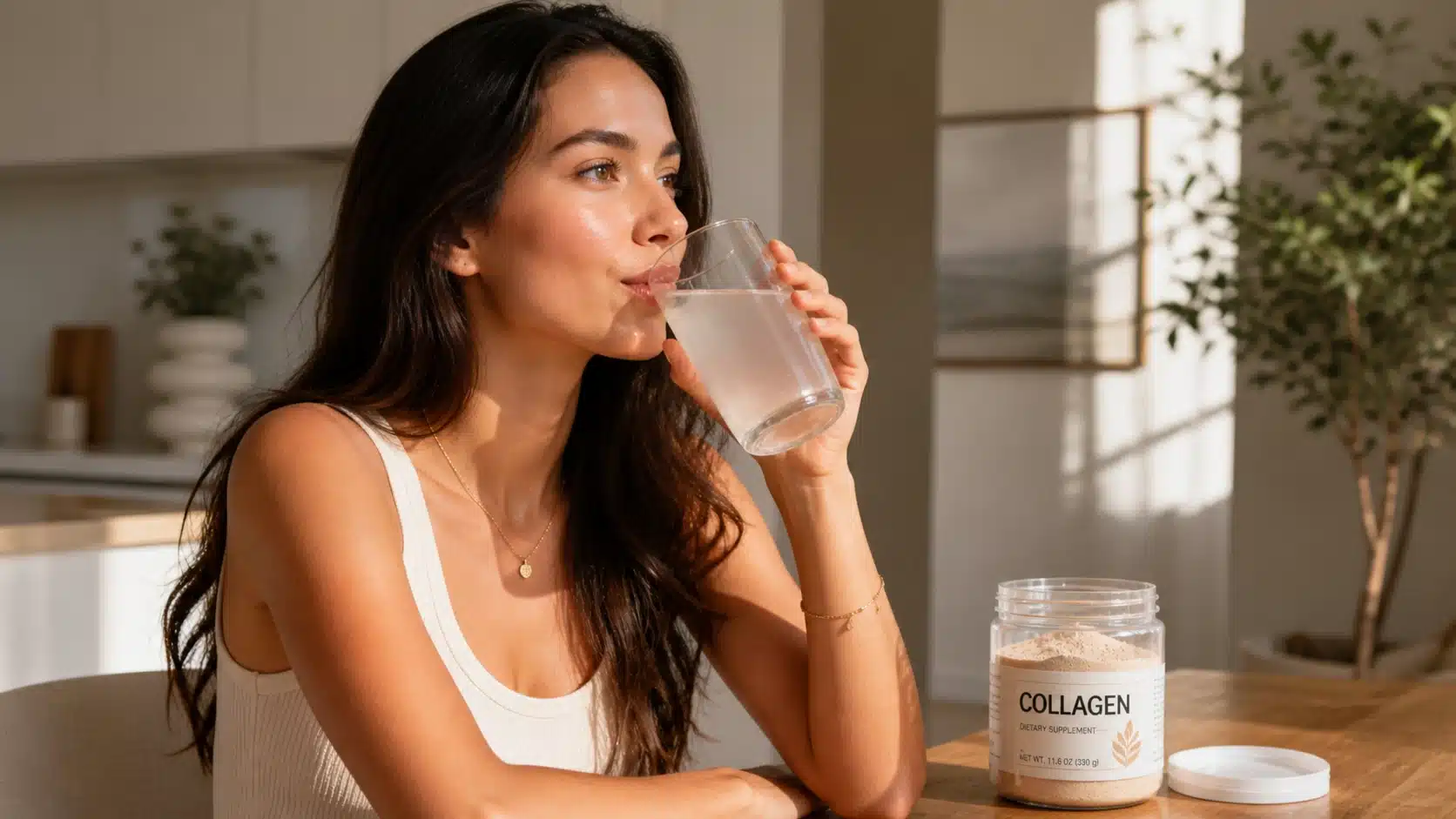 woman drinking a glass of water beside an open collagen powder supplement jar in a bright sunlit kitchen