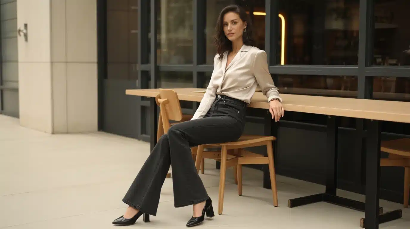 woman in black flare jeans tucked blouse and block heels sitting in cafe in smart casual outfit