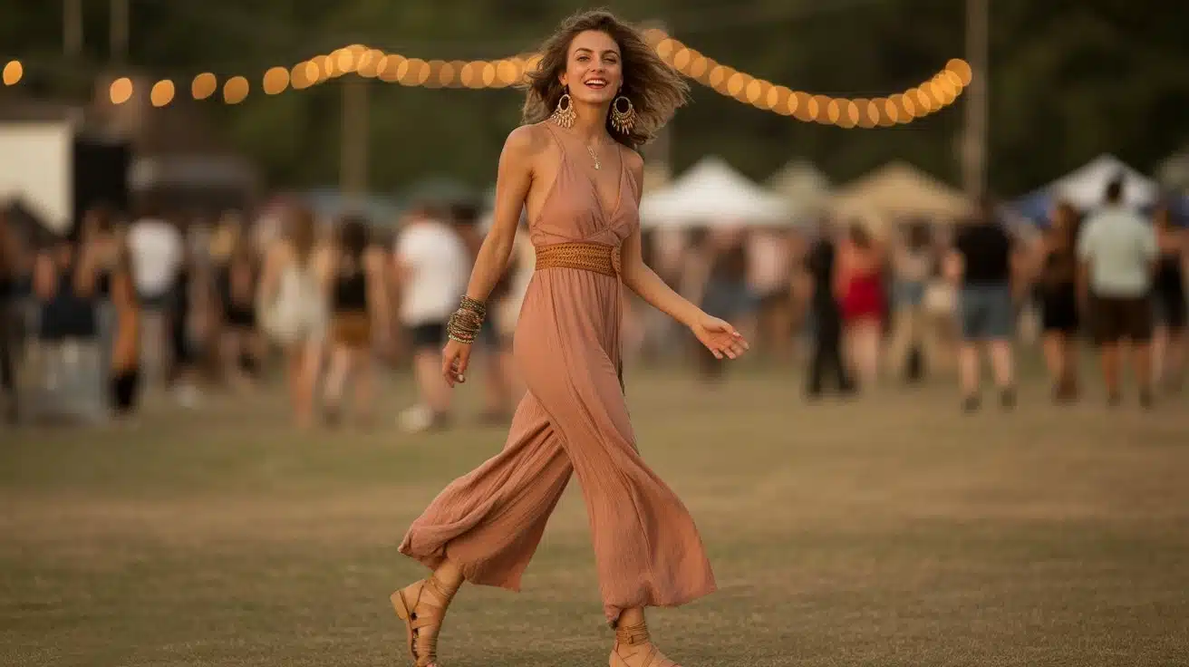 Woman in boho jumpsuit with statement earrings and belt at outdoor festival
