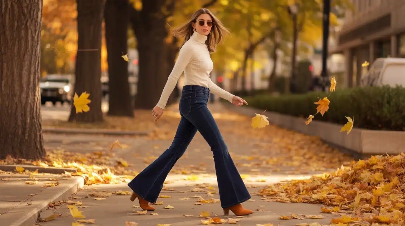woman in dark flare jeans turtleneck and ankle boots walking on fall street with warm seasonal vibe