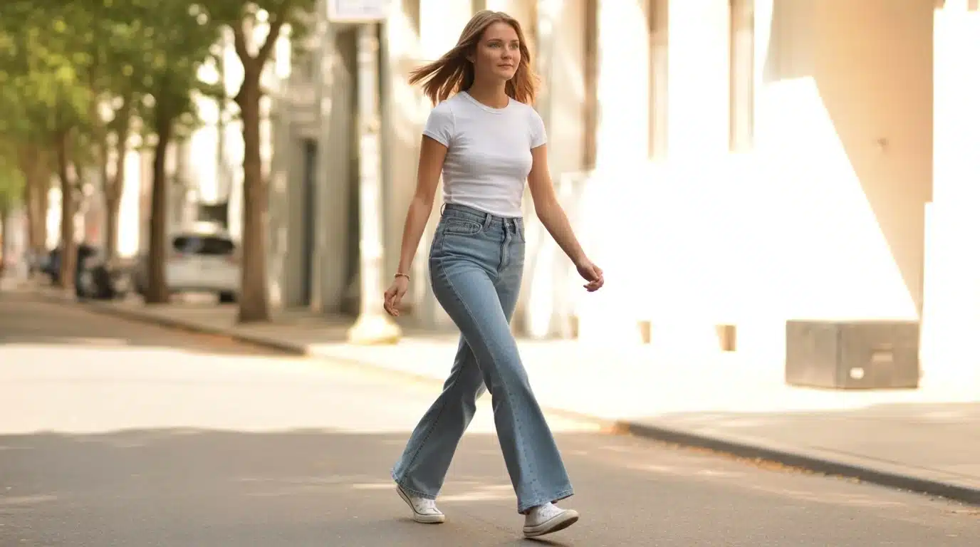 woman in fitted white t-shirt flare jeans and white sneakers walking on sunny street in relaxed everyday outfit