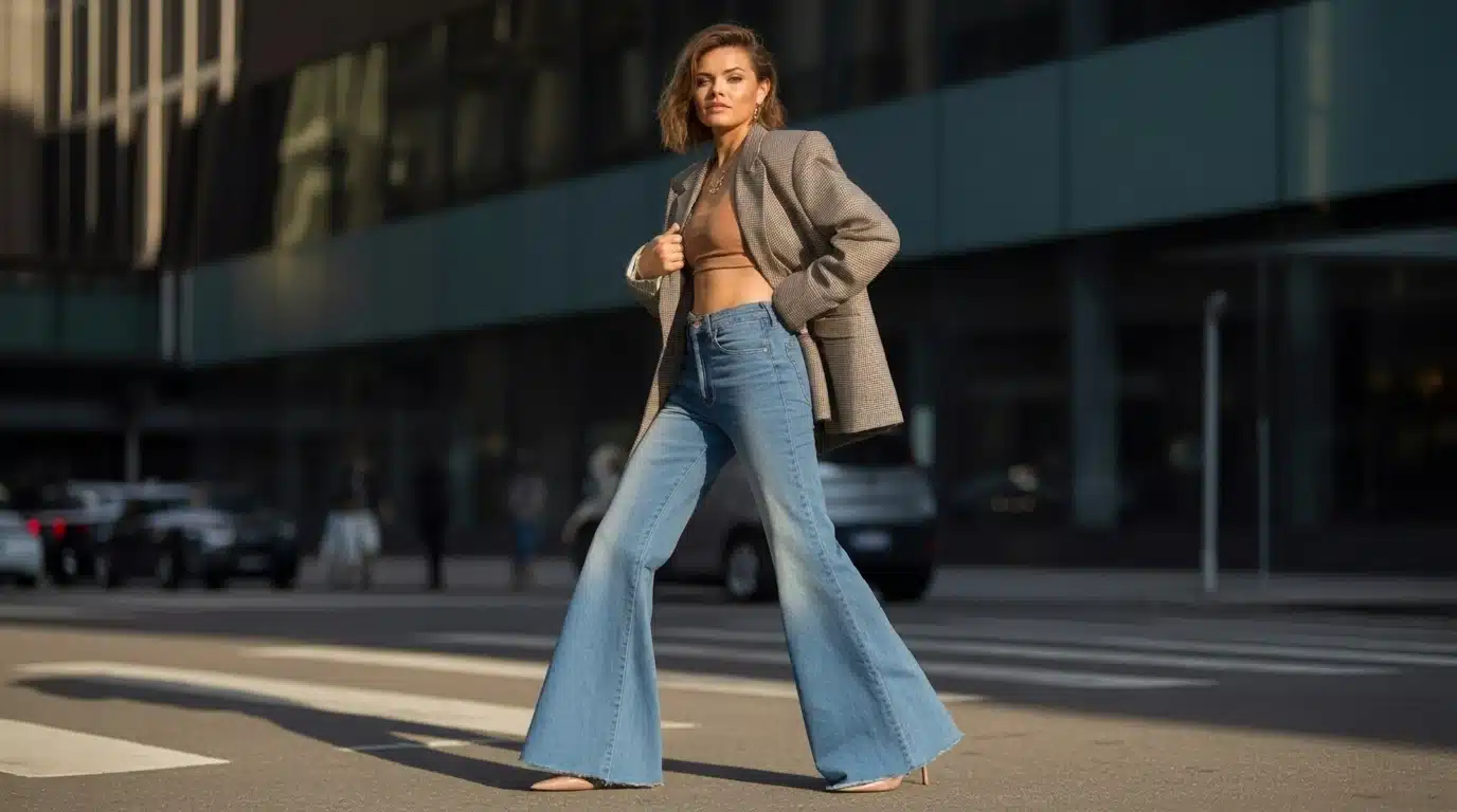 woman in flare jeans crop top blazer and heels posing in layered street style outfit