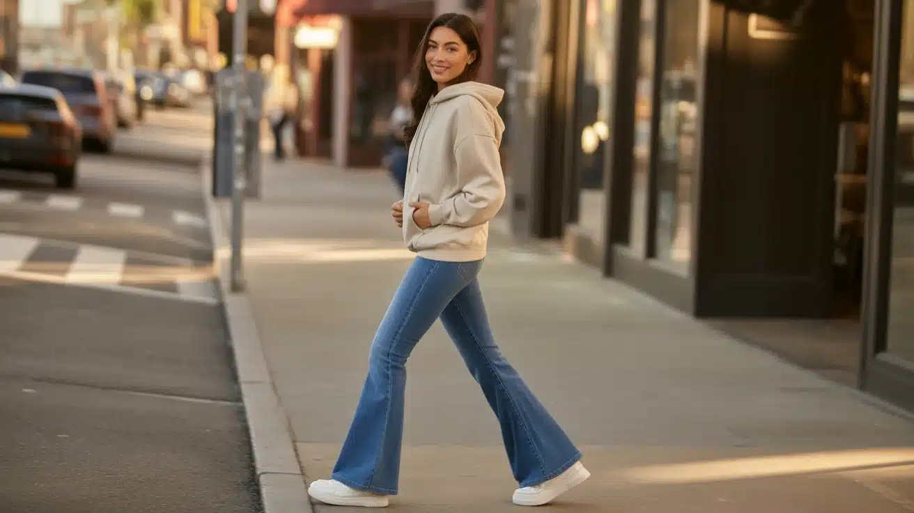 woman in flare jeans hoodie and sneakers walking in relaxed street style outfit
