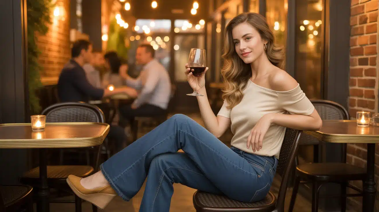 woman in flare jeans off shoulder top and wedges sitting in romantic evening date setting