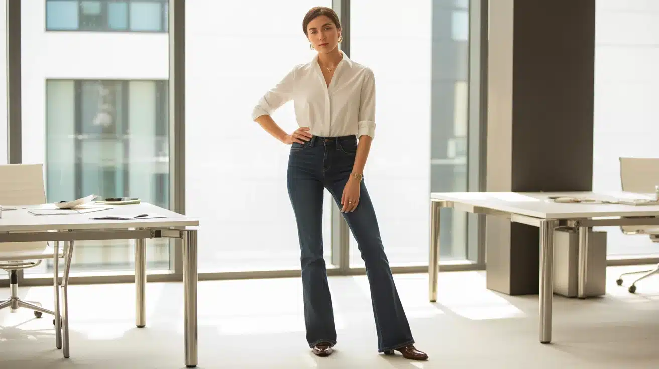 woman in flare jeans shirt and loafers standing in office in smart casual work outfit