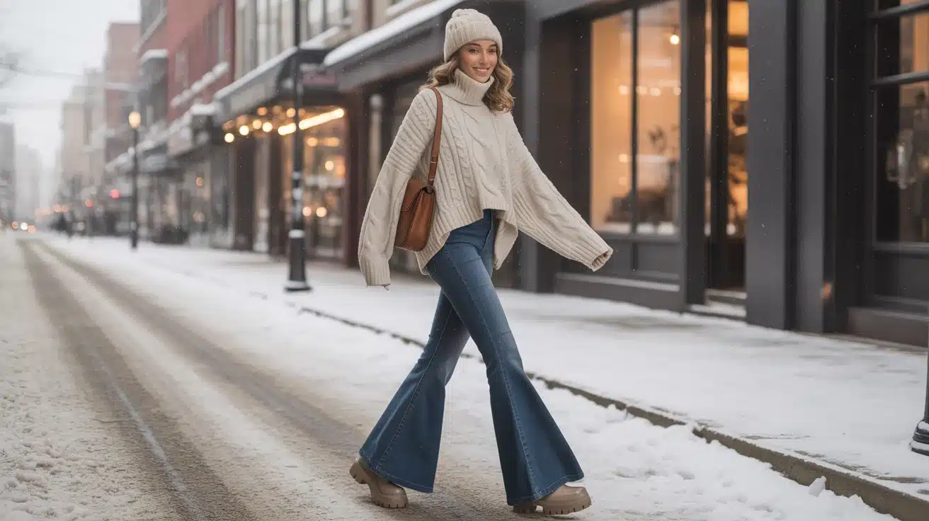 woman in flare jeans sweater and boots walking in winter street cozy outfit look