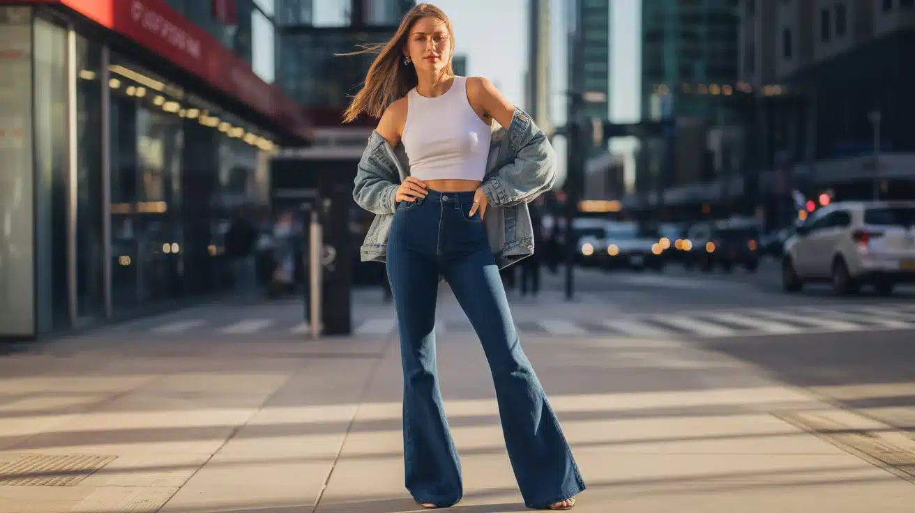 woman in high waisted flare jeans crop top and denim jacket posing on city street in casual street style look