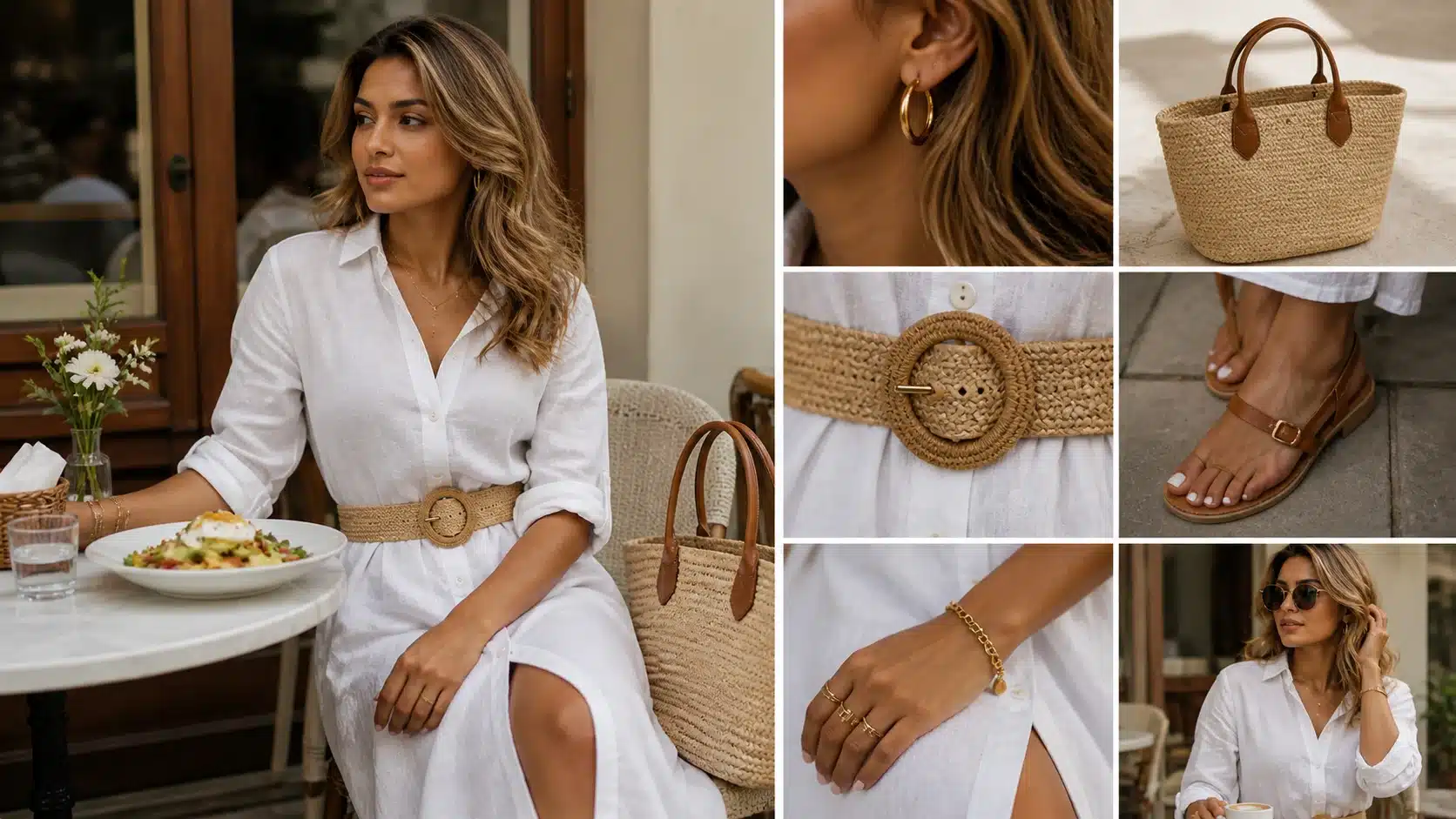 woman in linen shirt dress at brunch, with belt, sandals, straw bag, and gold accessories