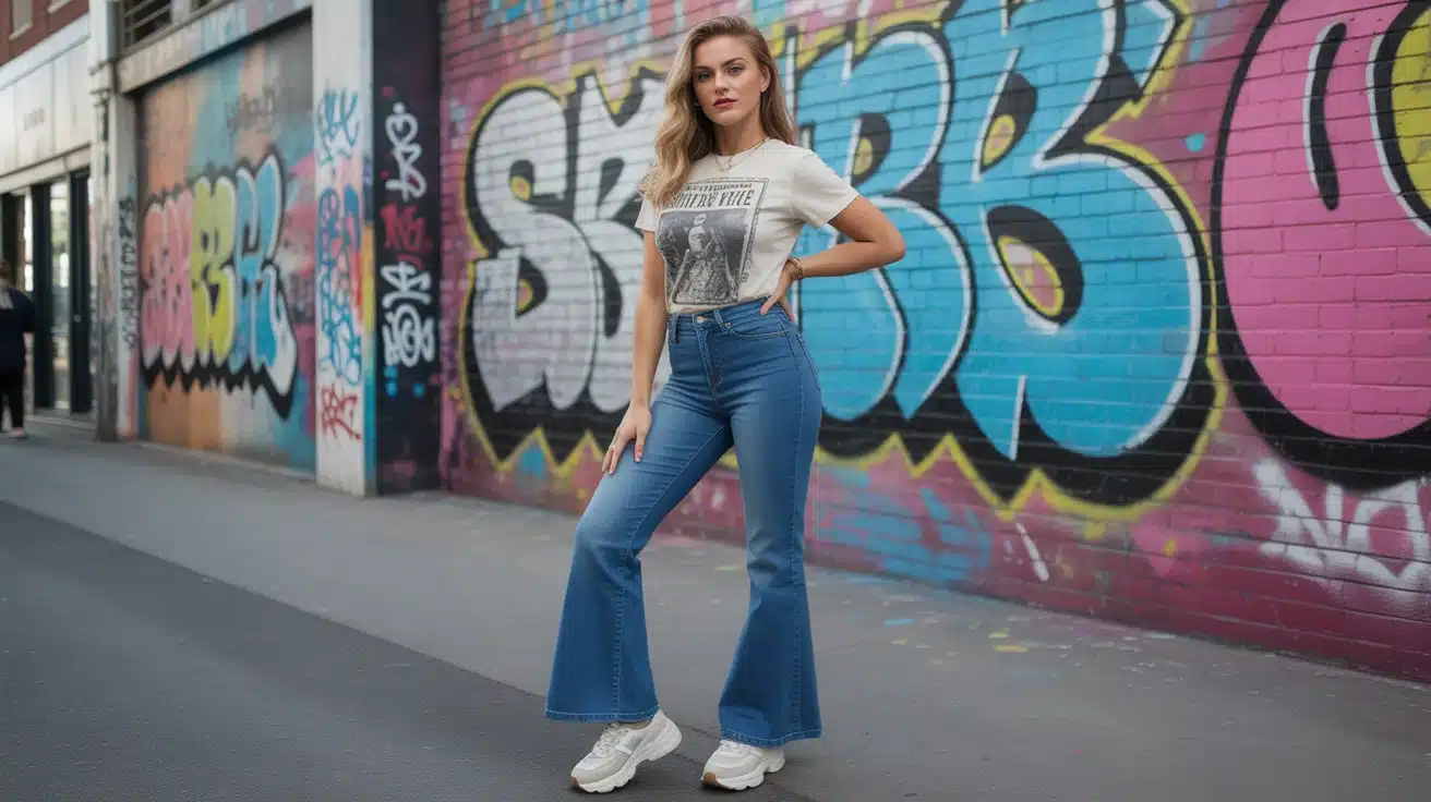 woman in mid wash flare jeans graphic tee and sneakers standing by graffiti wall in streetwear look