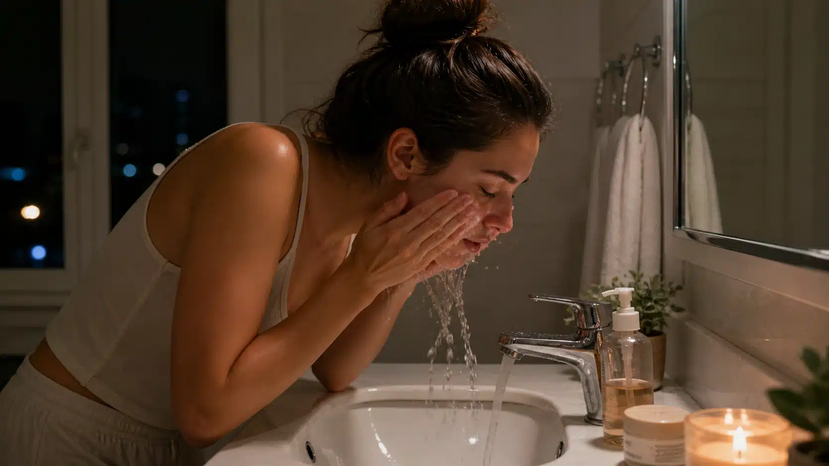 woman washing her face at bathroom sink at night with skincare products and lit candles on the counter