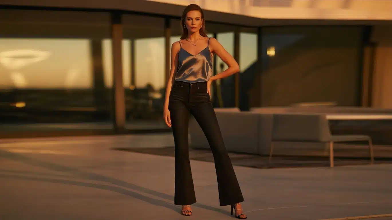 woman wearing black flare jeans satin top and heels in elegant evening indoor setting