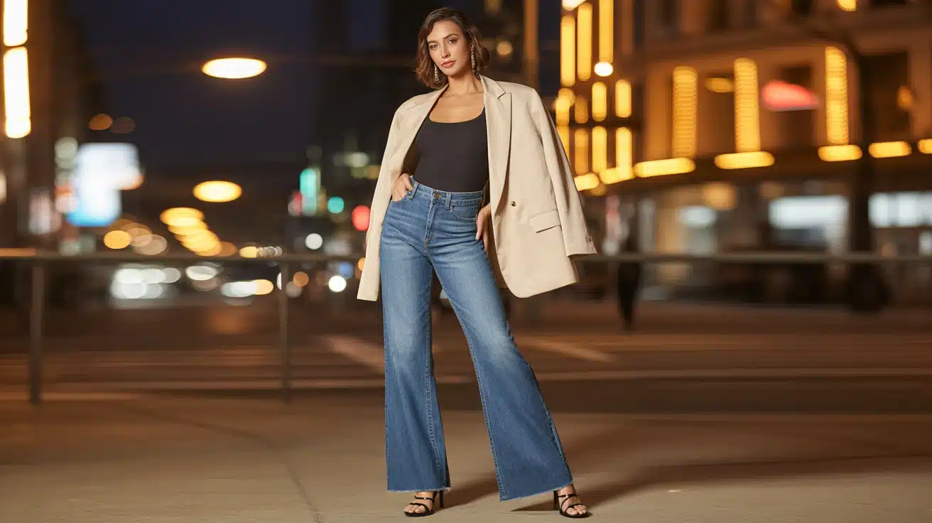 woman wearing flare jeans bodysuit blazer and heels posing in city night lights for evening look