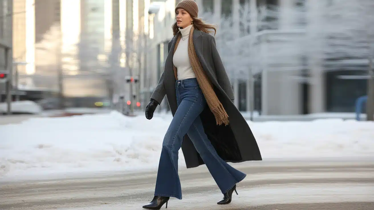 woman wearing flare jeans long coat and boots walking in winter city layered look