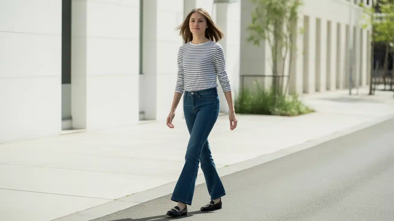 woman wearing flare jeans striped shirt and flats walking in simple everyday outfit