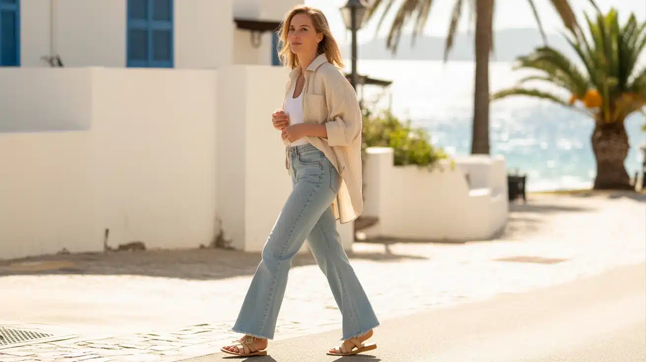 woman wearing light wash flare jeans oversized shirt and sandals walking near beach in relaxed summer outfit