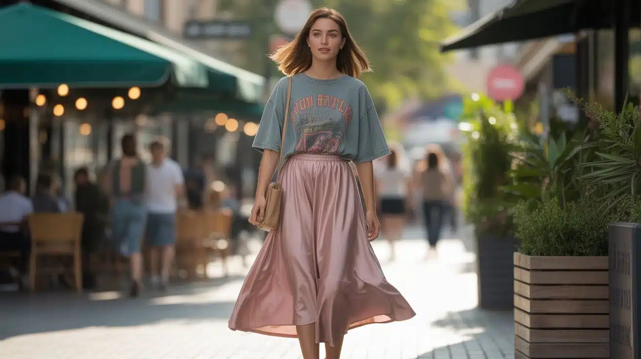 Woman in midi skirt with oversized graphic tee and crossbody bag