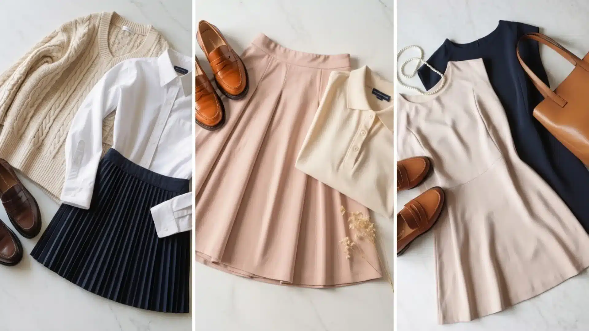 Women’s outfit sets with skirts, blouse, polo, loafers, and soft color combinations in flat lay