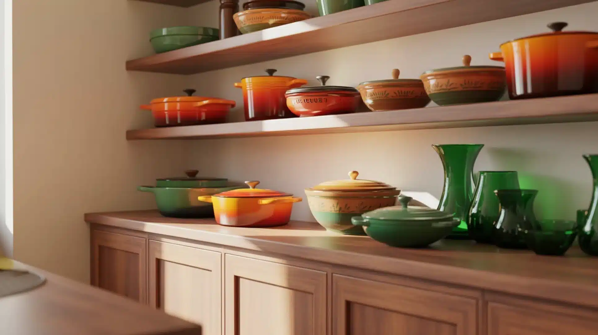 wooden kitchen shelves displaying colorful cookware, ceramic bowls, casserole dishes, and green glass vases