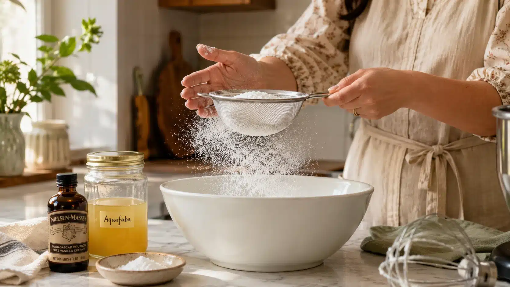 a baker sifts powdered sugar into a bowl with aquafaba and vanilla to make homemade sprinkles in a sunlit kitchen