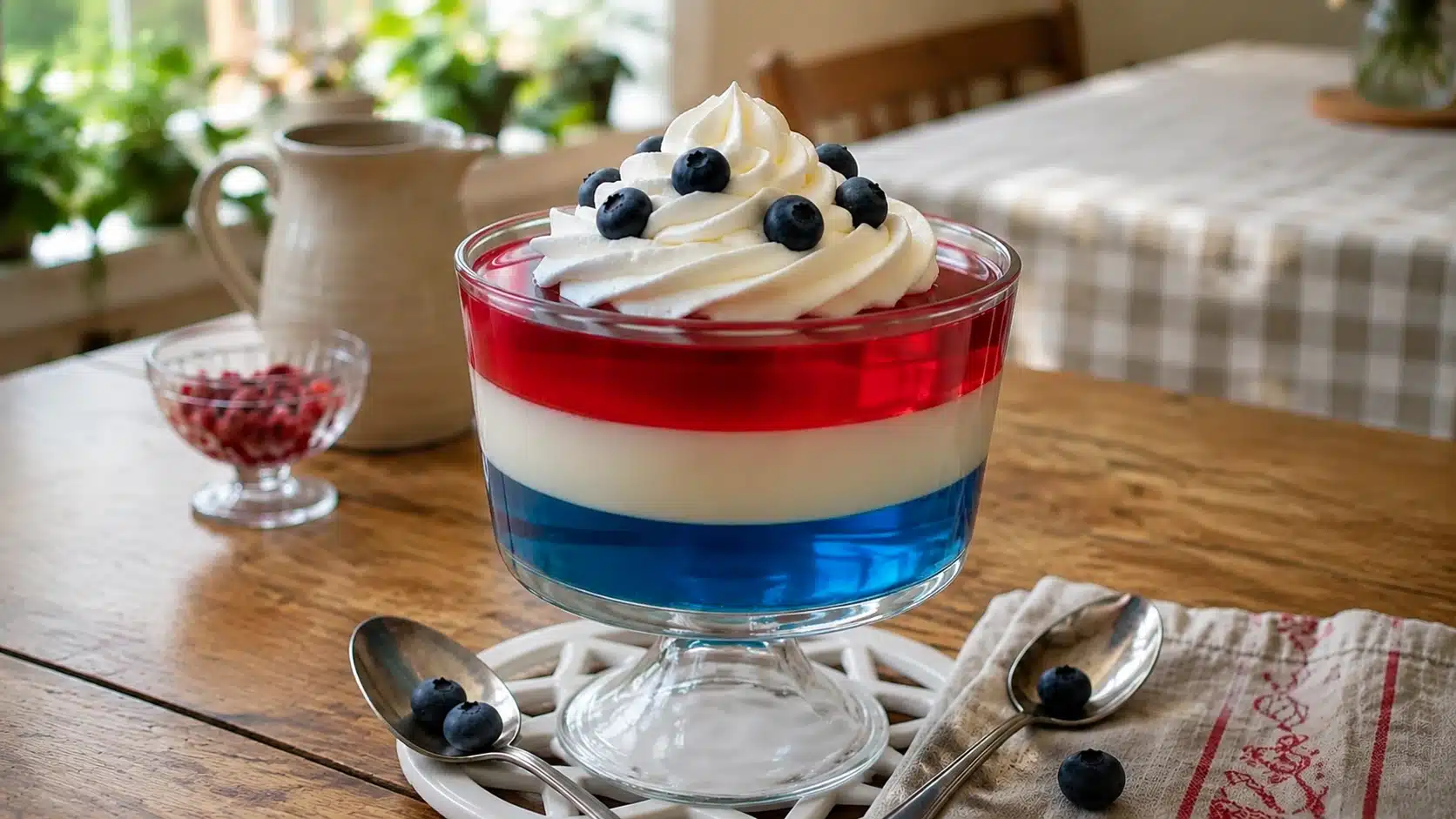 A glass dessert trifle with layered red jelly, white cream, and blueberry topping, served on a wooden table in a cozy kitchen setting with soft natural light