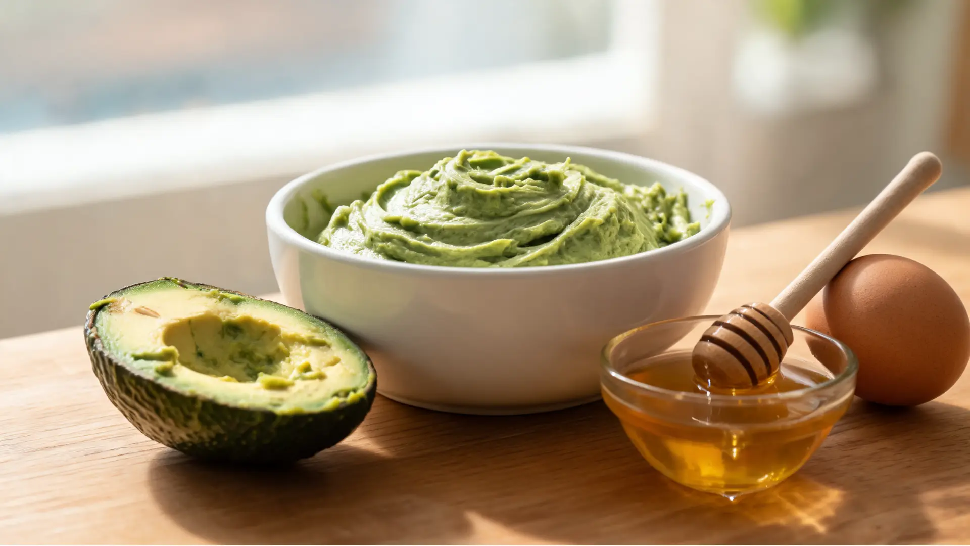 a bowl avocado egg honey creamy texture wooden counter natural light ingredients beside