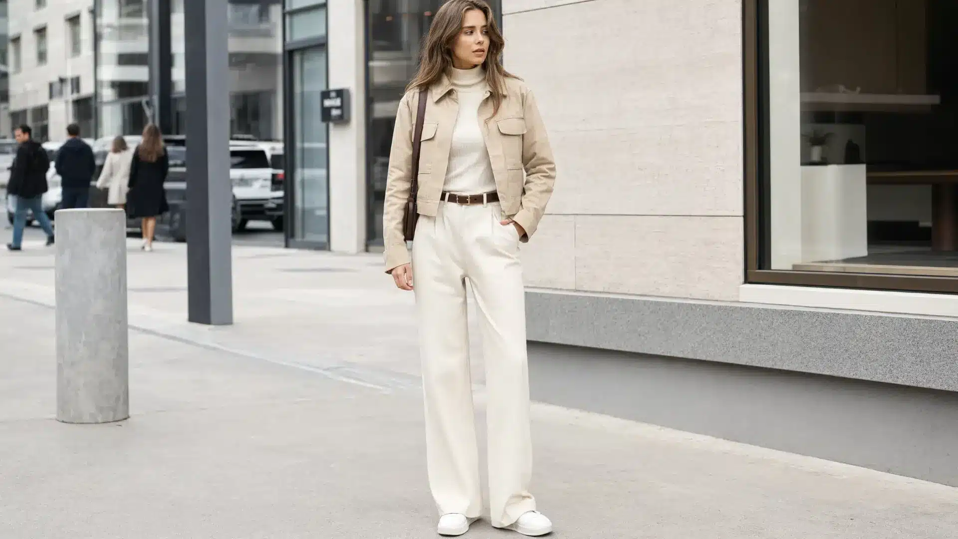 acubi fashion outfit with neutral layered clothing, wide-leg pants, and modern Korean street background
