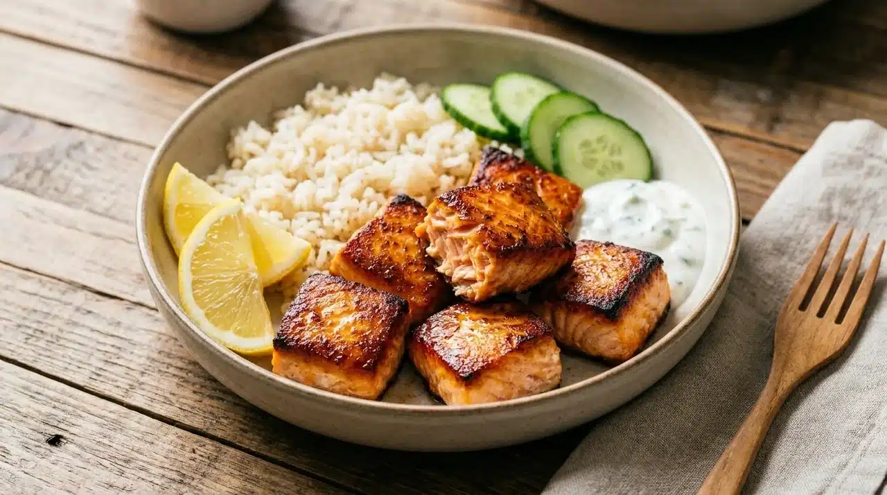 air fryer salmon bites with rice, cucumber slices, lemon wedges, and creamy yogurt sauce