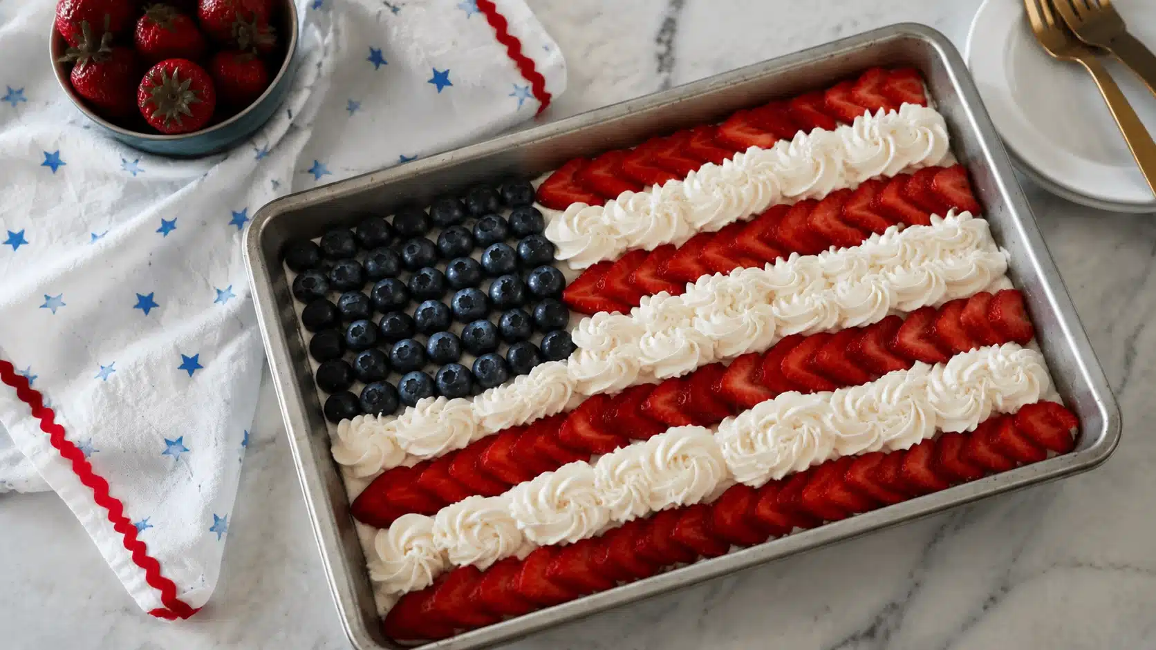 American flag dessert made with strawberries, blueberries, and whipped cream in a baking pan