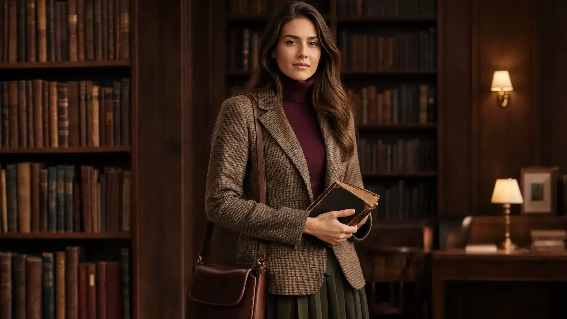 american woman in dark academia outfit with tweed blazer, pleated skirt, leather bag, and library background