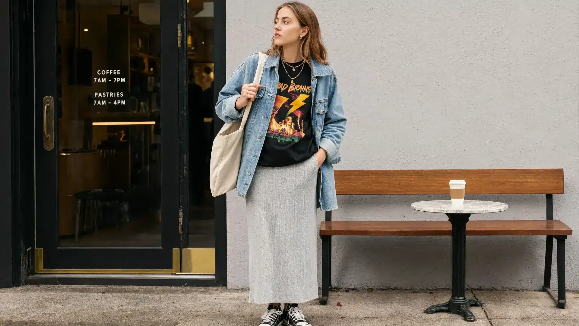 american woman in indie style outfit with oversized sweater, denim jacket, tote bag, and layered jewelry