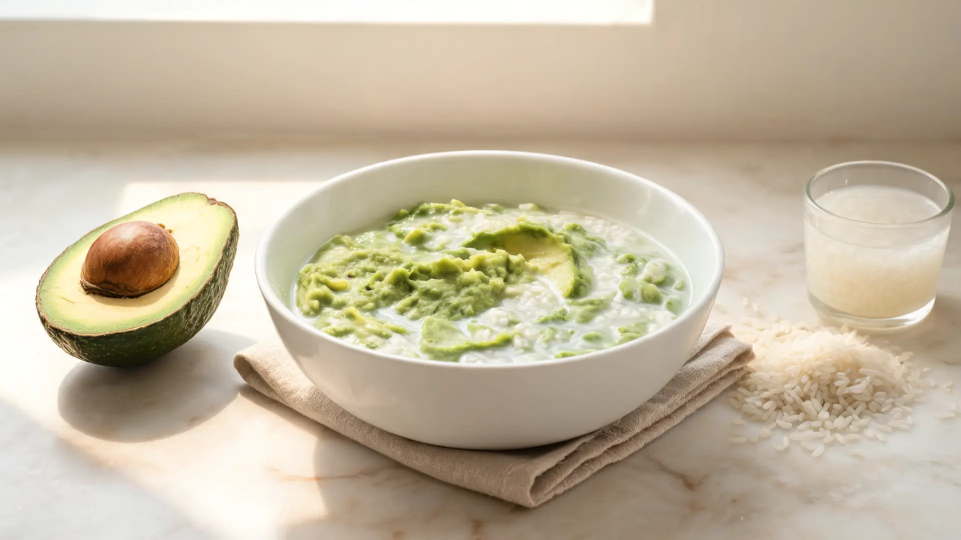 avocado rice water mix bowl creamy texture rice grains nearby soft spa setup