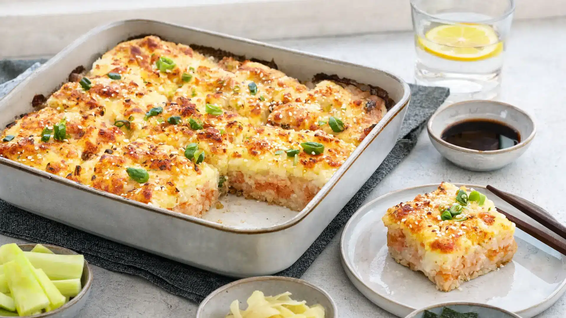 baked sushi casserole cut into squares, topped with sesame and green onion, served with fresh vegetable garnishes