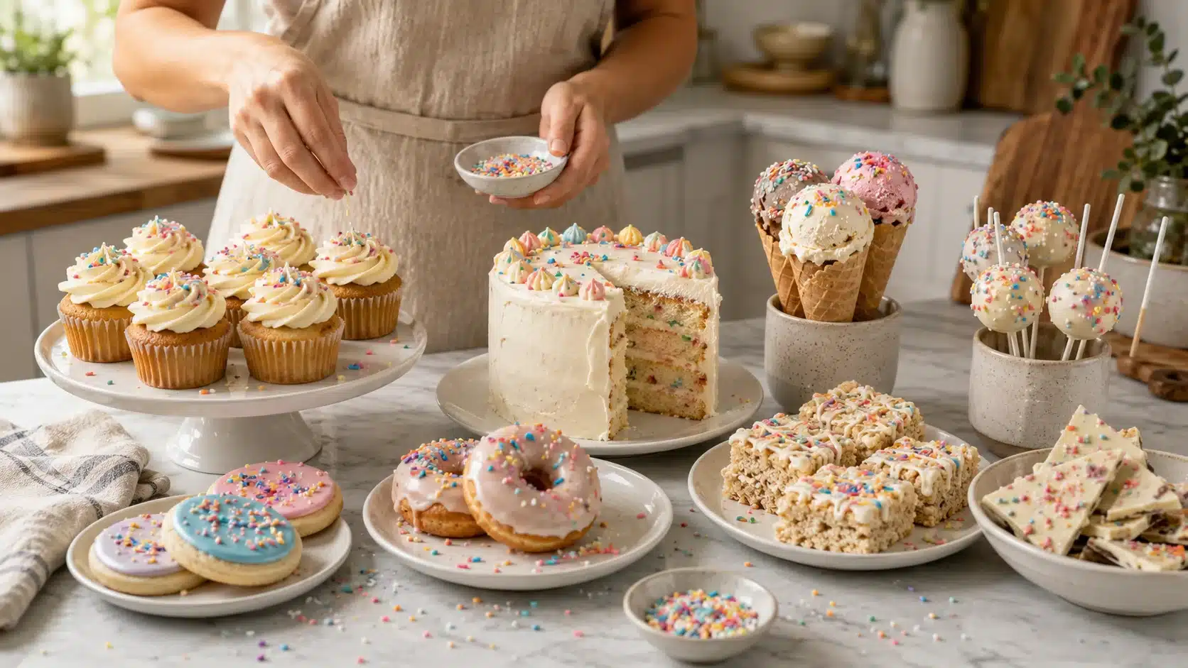 baker adds homemade sprinkles to cupcakes, cake, cookies, donuts, ice cream, cake pops, bars, and bark in a kitchen