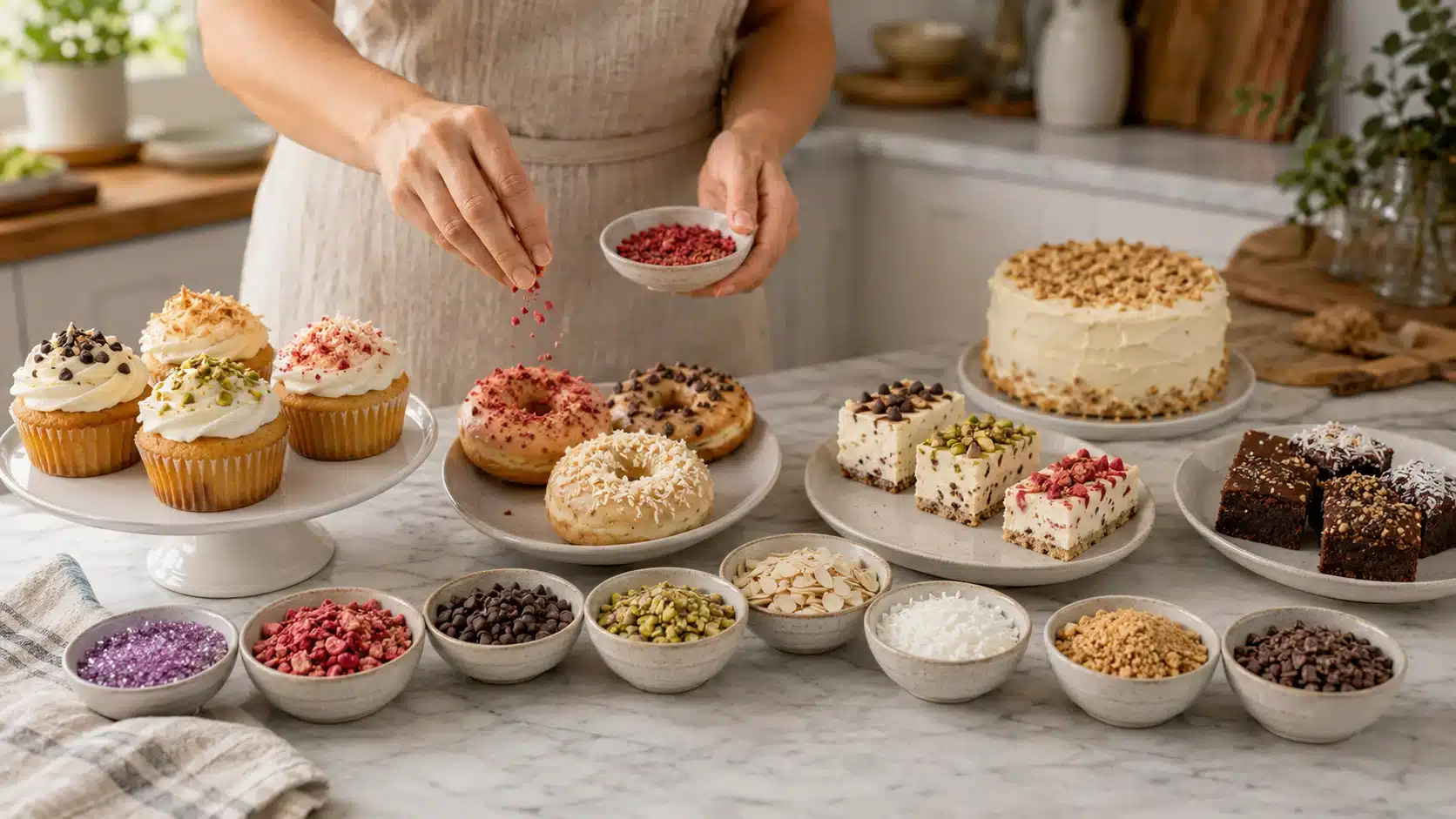 baker adds sprinkles alternatives like fruit crumbs, nuts, coconut, chocolate chips, and cookie crumbs in the kitchen