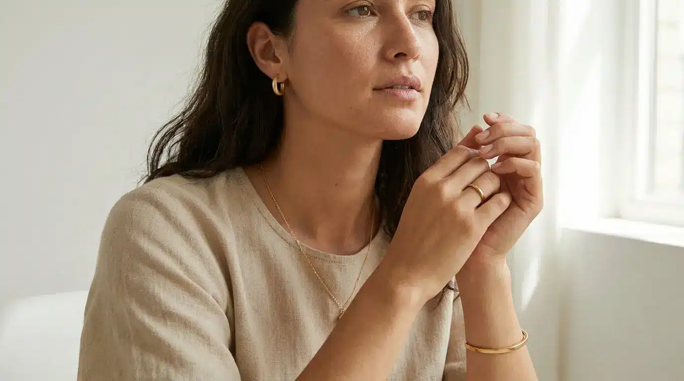 balanced gold jewelry look with simple earrings necklace rings and bracelet styled on a model