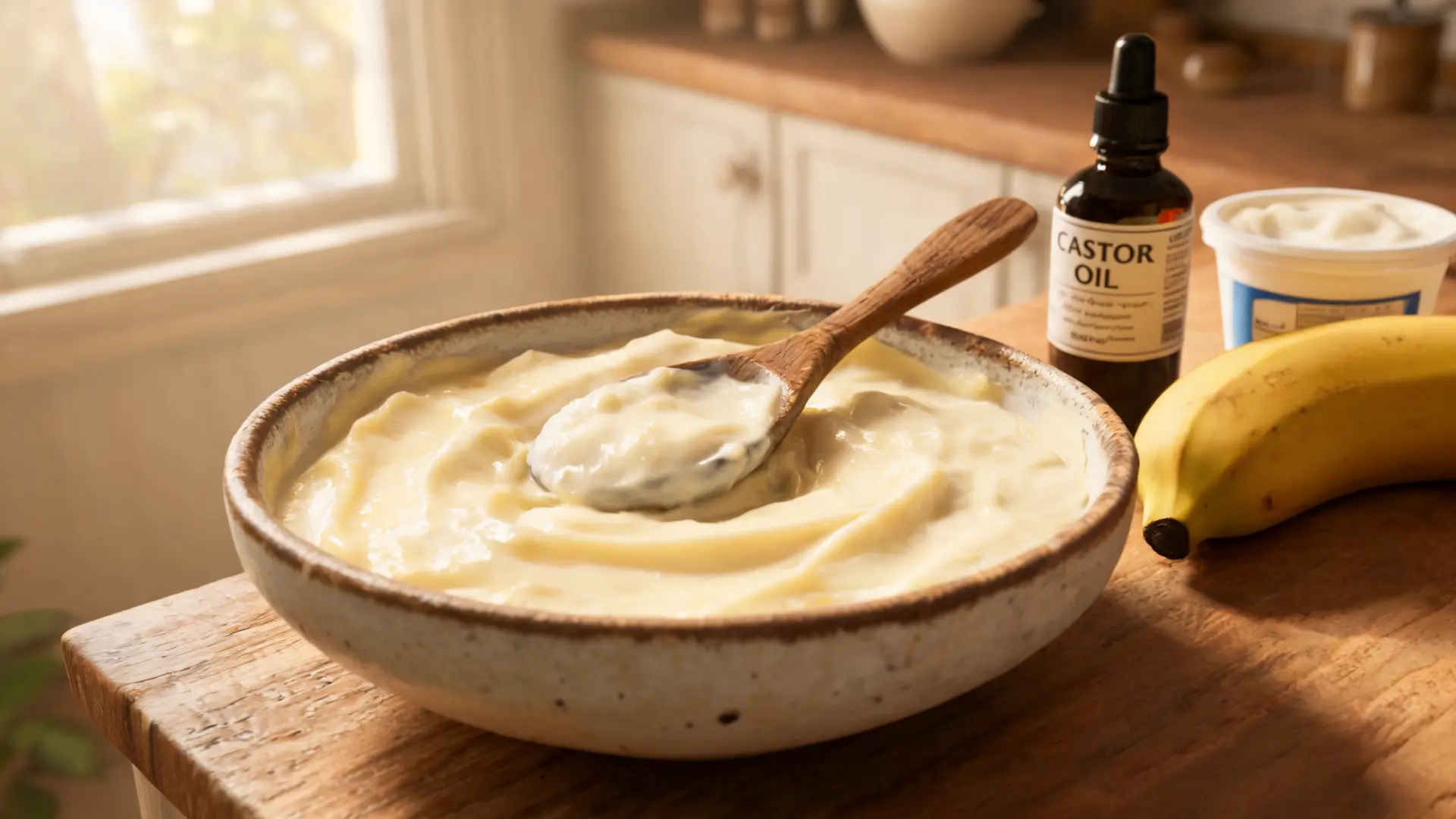 banana yogurt castor oil bowl thick creamy texture kitchen light rustic spoon
