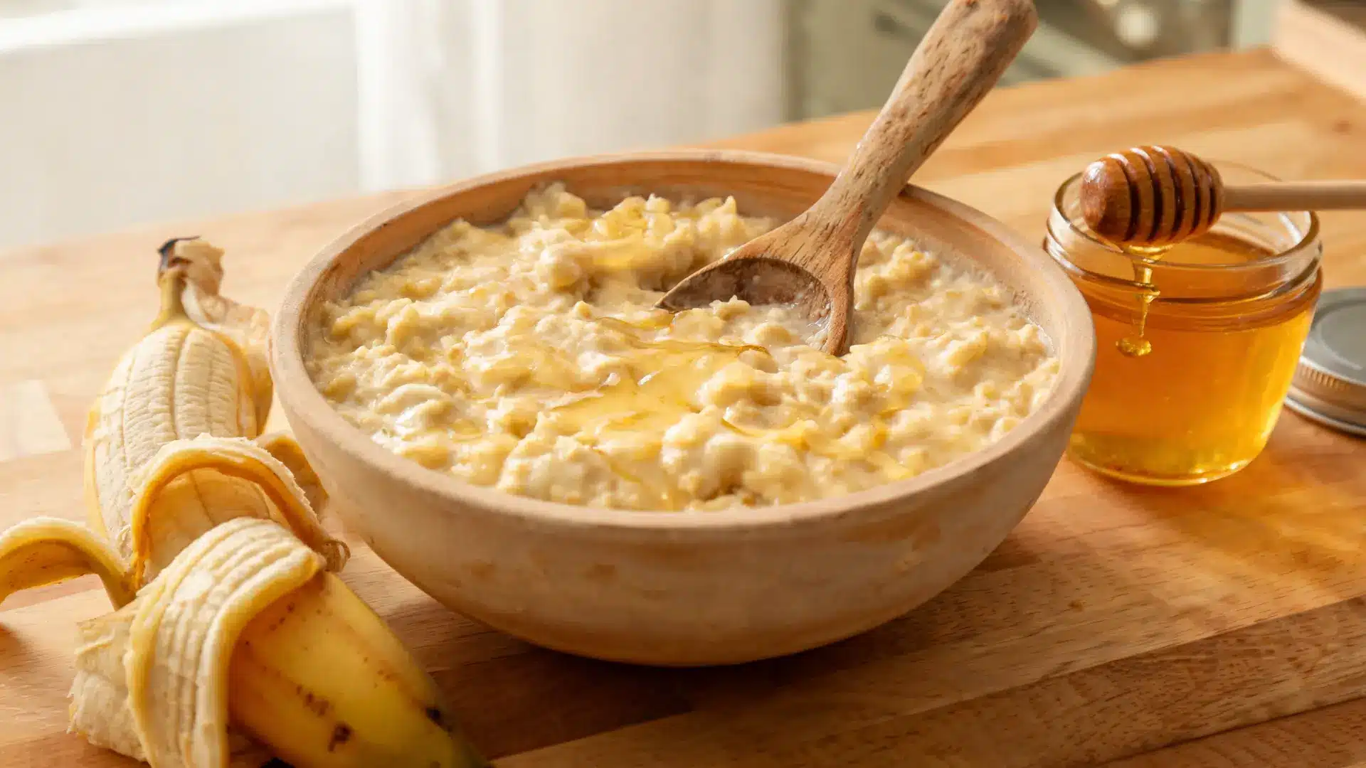 banana yogurt honey in bowl smooth creamy texture kitchen setting natural light spoon inside