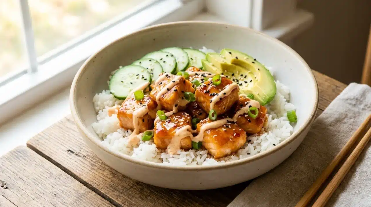 bang bang salmon rice bowl with cucumber slices, avocado, sesame seeds, green onions, and creamy spicy sauce