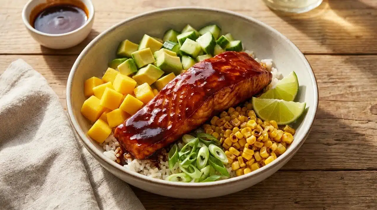 bbq salmon rice bowl with mango, avocado, cucumber, corn, green onions, lime wedges, and glossy sauce