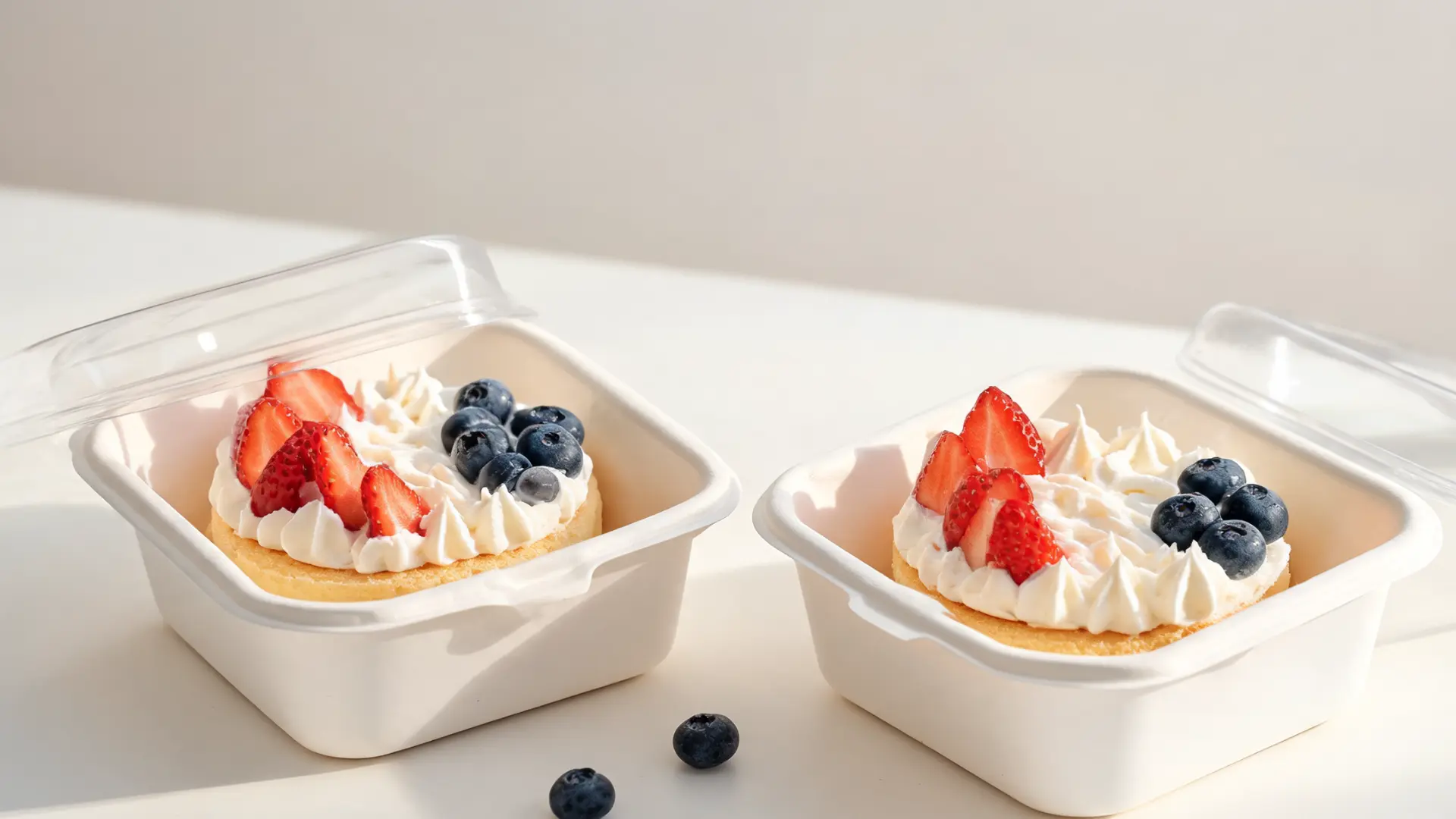 bento mini memorial cakes decorated with cream and berries in small boxes