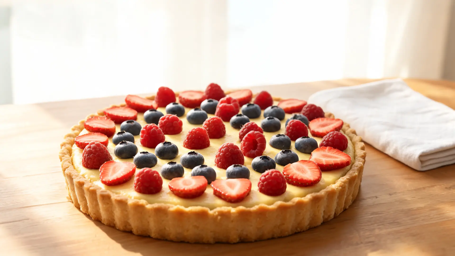 berry tart cake with custard filling and fresh berries arranged on top