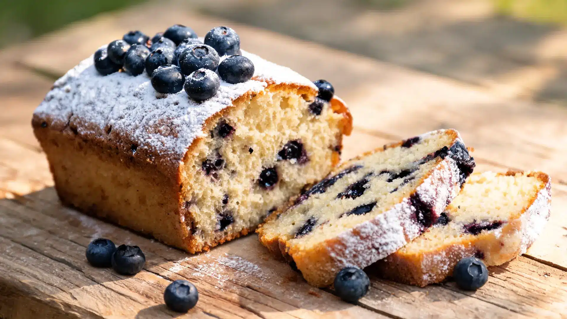 blueberry pound cake with powdered sugar and fresh blueberries on rustic wooden table