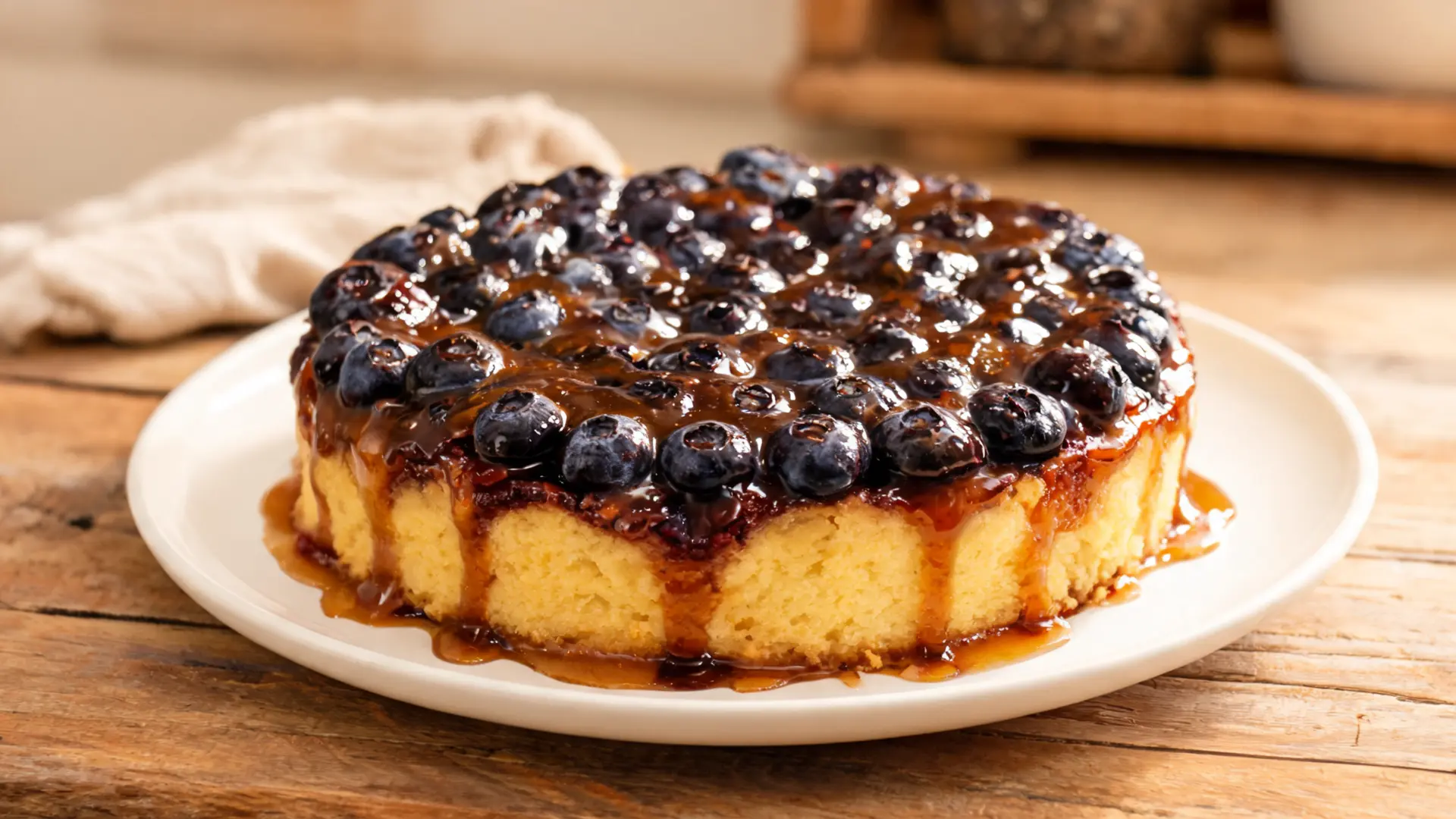 blueberry upside down cake with caramelized blueberry topping on plate