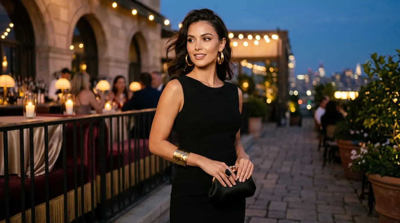 bold gold hoops cuff and statement ring styled with a black cocktail dress and satin top